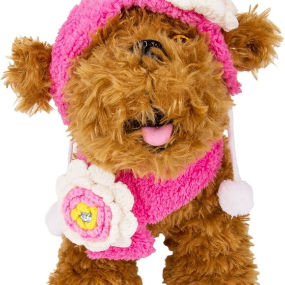 Pet Costome Winter Cloth Fluffy Pet Flower Beanie and Scarf, Medium, Pink/White - Picture 4 of 6